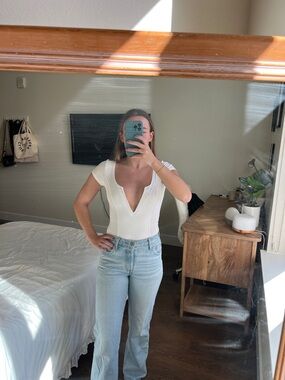 Free People White Short Sleeve Deep V Bodysuit